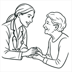 Fototapeta premium A young female physician leans forward to smile at an elderly lady patient, holding her hand in her palms. The doctor gives hope. 