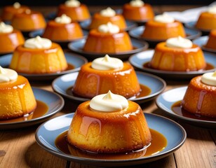 Babas au rhum individuels, surmontés de crème fraîche, et servis dans de petites assiettes. Generated image