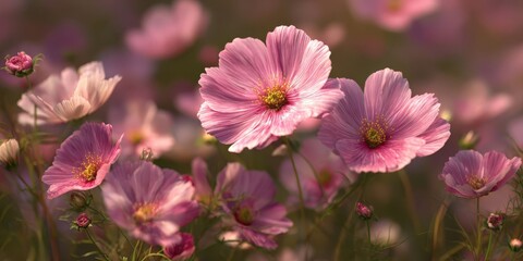 Fototapeta premium Elegant Pink Cosmos Flowers on Soft Beige Background for Nature and Floral Designs
