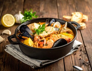 Bouillabaisse, plat traditionnel marseillais, composés d'un court-bouillon de poissons avec poissons de roche, crevettes, pommes de terre, croûtons de pains avec rouille et épices. Generated Image. 