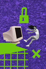 Trend artwork template design 3D collage sketch of remote online obsolete computer technology lock...