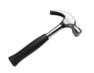 Steel sledgehammer isolated on white, heavy-duty tool for demolition.