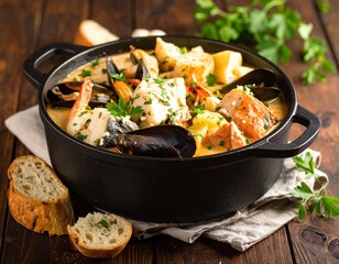 Bouillabaisse, plat traditionnel marseillais, composés d'un court-bouillon de poissons avec poissons de roche, crevettes, pommes de terre, croûtons de pains avec rouille et épices. Generated Image. 