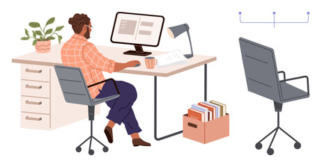 Man seated at desk using desktop computer in bright, organized workspace with lamp, chair, plant, and bookshelf. Ideal for productivity, office, focus, workflow remote work organization simple