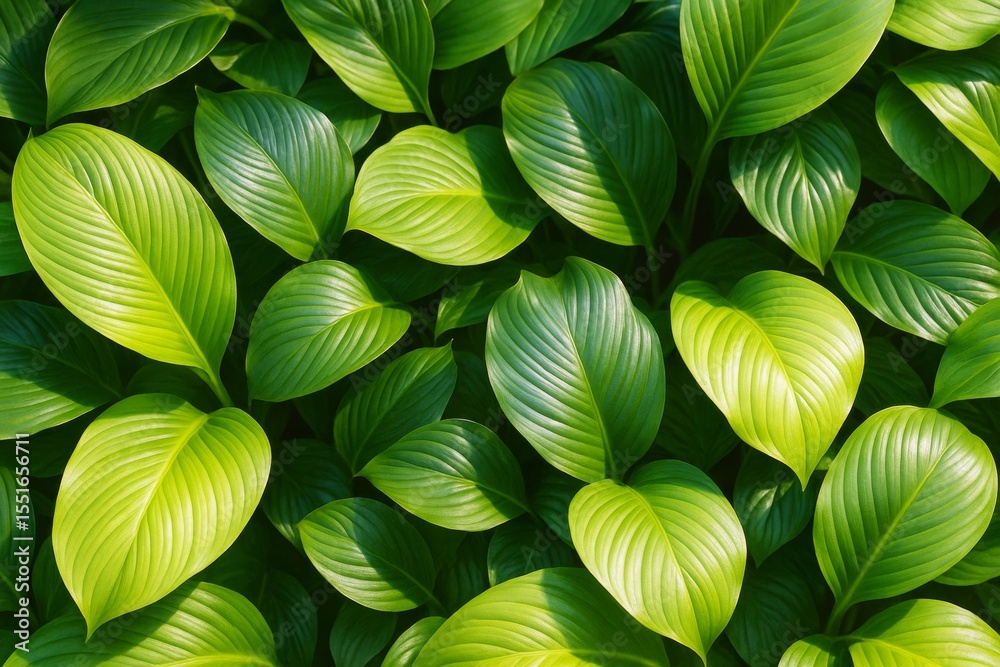 Aufkleber lush green tropical leaves with sunlight and shadows creating a natural background pattern for botan