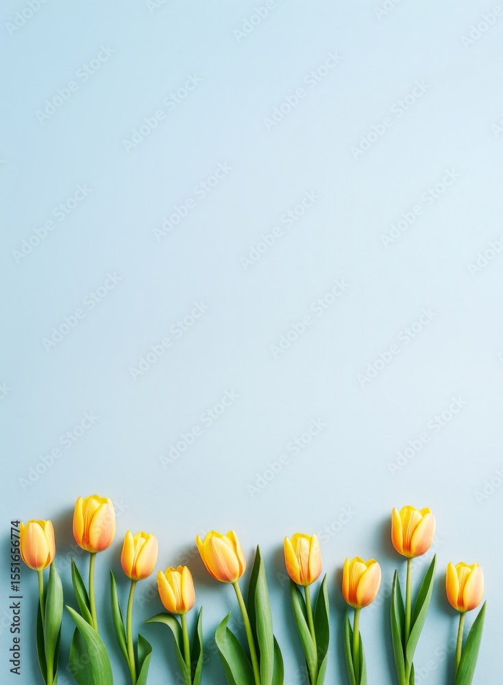 Poster Yellow tulips aligned at the bottom over light blue background with ample copy space for banner, poster, postcard, or creative design template use.