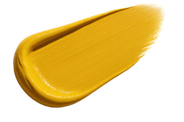 A vibrant yellow paint or cosmetic swatch with visible brushstrokes, set against a transparent background