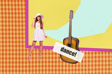 3d zine pop poster banner collage of happy girl guy dance weekend party celebration note guitar...