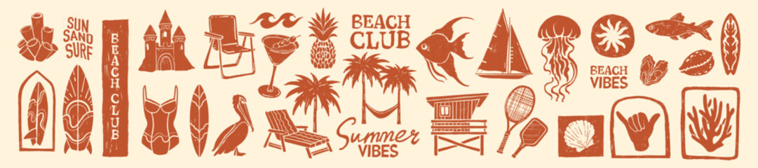 Summer tropical beach print hand drawn exotic ocean objects silhouette travel paradise vacation logo. Ocean surf vintage stamp, yacht relax retro illustration. Mediterranean summer beach sticker