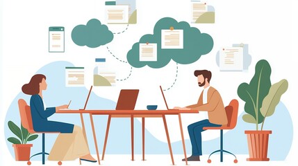 Business people and women working together in as a workflow on laptops in an office setting