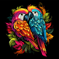 Fototapeta premium Parrots among flowers in colourful pop art style.
