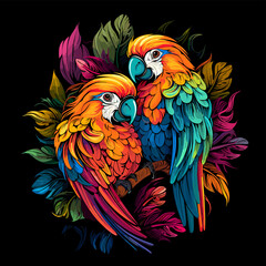Obraz premium Parrots among flowers in colourful pop art style.