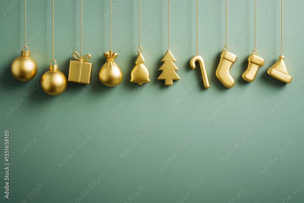 Poster golden christmas ornaments hanging on strings with soft shadows on minimal green background, clean c