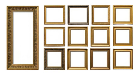 Collection of vintage gold picture frames isolated PNG with Transparent Background