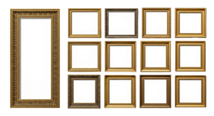 Collection of vintage gold picture frames isolated PNG with Transparent Background