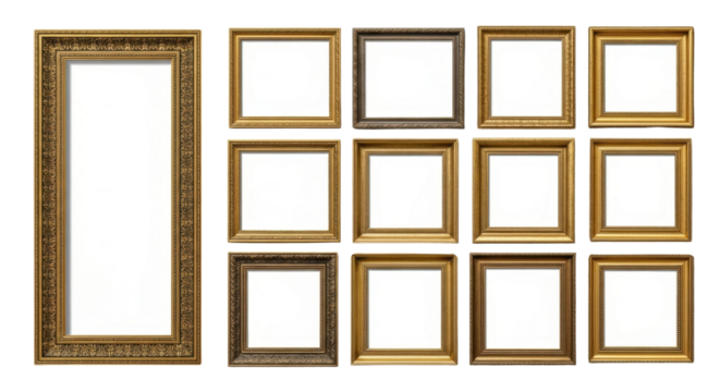 Collection of vintage gold picture frames isolated PNG with Transparent Background