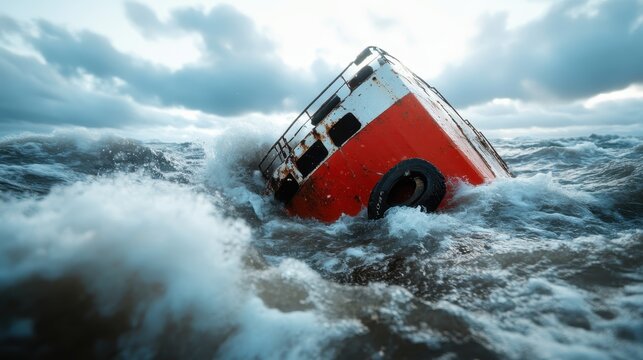 A dramatic image captures a partially sunk boat in tumultuous waves, symbolizing peril and the harsh realities of nature's unpredictable force in an evocative manner.
