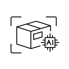 A vector icon of a shipping box with a label and AI scanning system, representing label recognition with artificial intelligence, created in line style with editable stroke