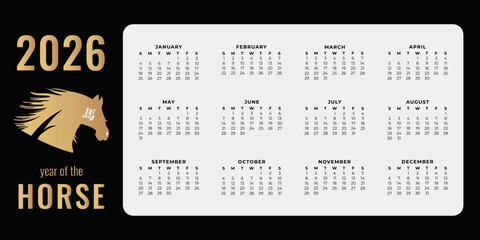 Simple horizontal calendar for 2026 with the symbol of the year - a horse on a dark background. Vector illustration