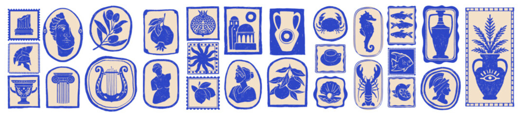 Obraz na płótnie Canvas Greece summer sticker set, Mediterranean Greek sculpture print, Santorini tourism silhouette logo. Hand drawn doodle travel vintage stamp, olive branch mythology symbol. Traditional Greek sticker icon