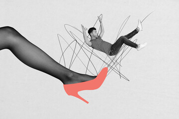 Full 3d poster art pop collage of scared man fly female leg wear high heel empowerment boss sexism...