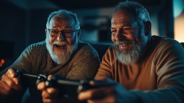 A heartwarming scene of two elderly men deeply engaged in a video game, showcasing their joyful expressions and the bond formed through gaming despite their age.