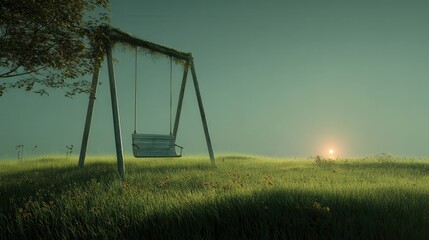 Empty wooden swing hanging in a sunny park field surrounded by grass and trees on a summer morning