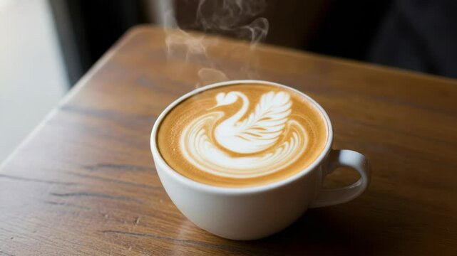 Coffee cup with latte art swan design on wooden table  