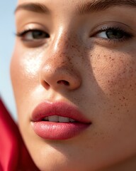 Naklejka premium Lips stained with berry lipstick Close-up portrait of a confident woman with freckles and radiant skin enjoying a sunny day outdoors.