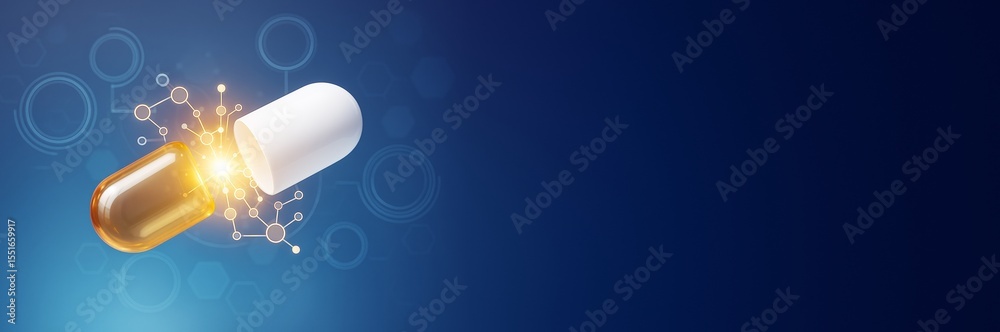 Poster Open capsule with glowing molecular structure and futuristic science network on clean blue background with copyspace for medical promotion and design template.