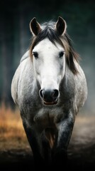 Majestic gray horse walking through a misty forest path during an early morning
