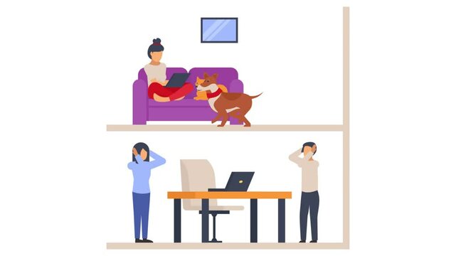 neighbour family disputes animation, noise disturbance in multi-level building due to pet animated video, invasion of privacy footage, neighbourhood conflicts Clip, bad neighbors motion graphics