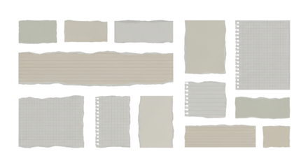 Collection of various torn paper pieces set, beige scrapbook pages isolated on white background