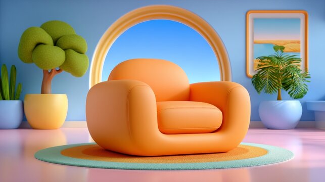 Template featuring a warm living room with a wide-angle view, complete with a stylish red armchair, vibrant plaid, and decorative accessories, along with a mockup poster frame for personalized decor