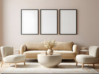 Serene living room with a plush cream sofa two accent chairs a textured coffee table and three empty black framed mockups on a neutral wall
