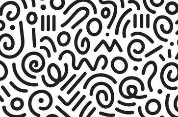 Memphis geometric seamless pattern. abstract background in retro 80s, 90s style with various shapes: circles, semicircles, dots, zigzags, spirals, wavy lines. Cute kid doodle design, png