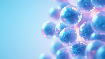 Bright blue glowing exosomes on soft gradient backdrop, futuristic molecular skincare and antiaging research concept