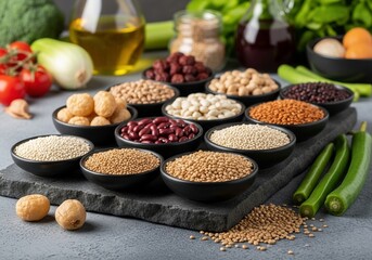 Selección de legumbres y cereales en recipientes con verduras frescas de fondo, ideal para representar alimentación vegetal y saludable