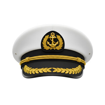 Classic white captain's hat with a gold anchor emblem, perfect for a cruise ship captain. Isolated on a white or transparent background in PNG format.