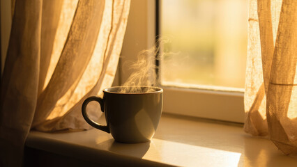 Warm morning coffee steam cozy window curtains sunlight