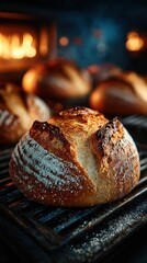 Freshly baked artisan bread cooling on a rack near a glowing oven in a cozy bakery during early morning hours