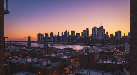 Fototapeta premium Stunning View of New York City Skyline with Brooklyn Bridge and Vibrant Sky