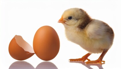 a curious chick examines an egg