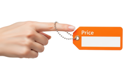 Woman's Hand Hooked to Orange Blank Price Tag with Chain Isolated