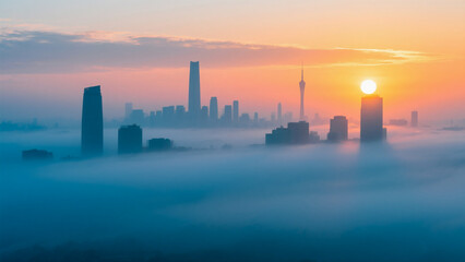 The first morning light illuminates the city sky