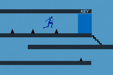 Composite 3D collage trend artwork template design of young woman run labyrinth key finish business...