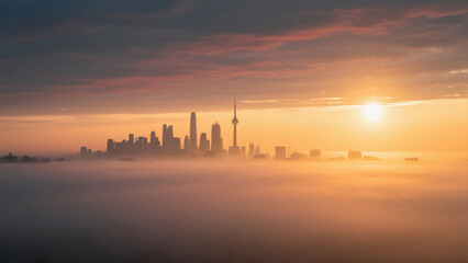 The first morning light illuminates the city sky