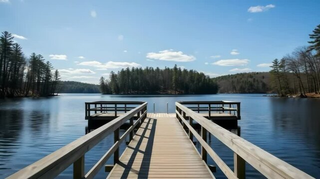 Wooden dock extending into a calm lake with an island of trees.