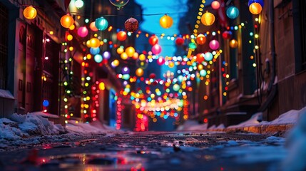 Obraz premium Holiday lights covering a snowy city street with festive joy