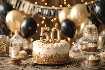 Beautifully decorated cake with golden 50 candles takes center stage at a fiftieth birthday celebration, surrounded by cupcakes, balloons, and shimmering lights, creating a festive atmosphere